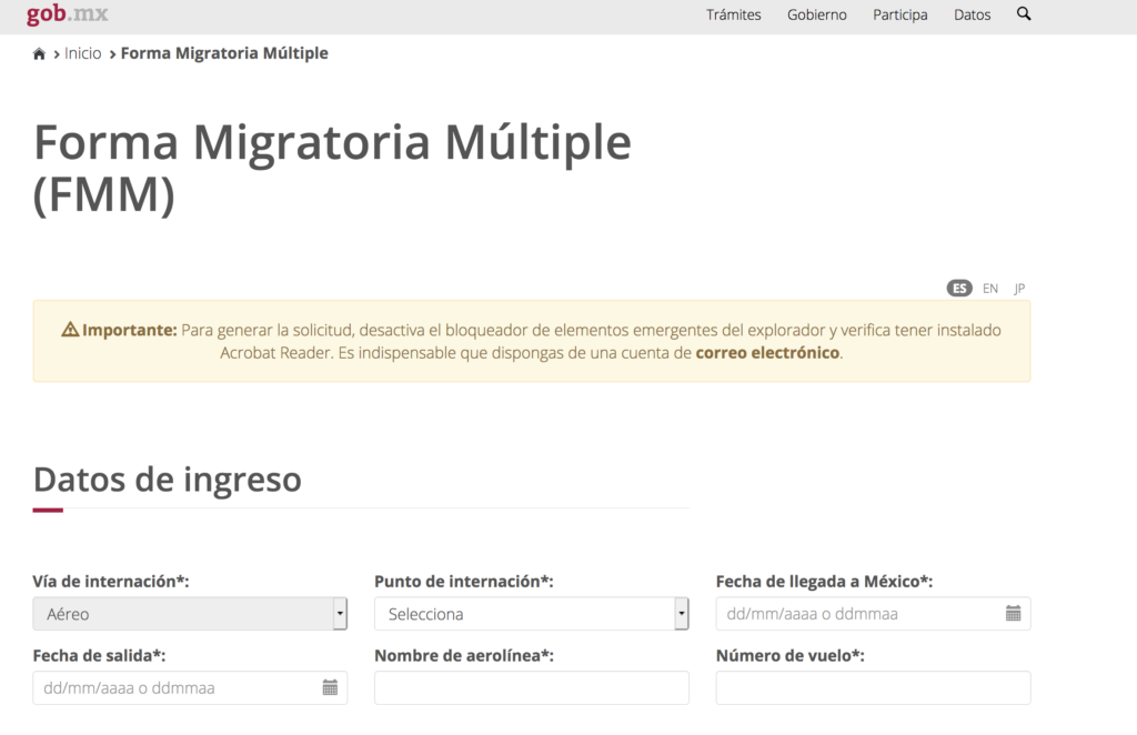 Plataforma del permiso FMM mexicano